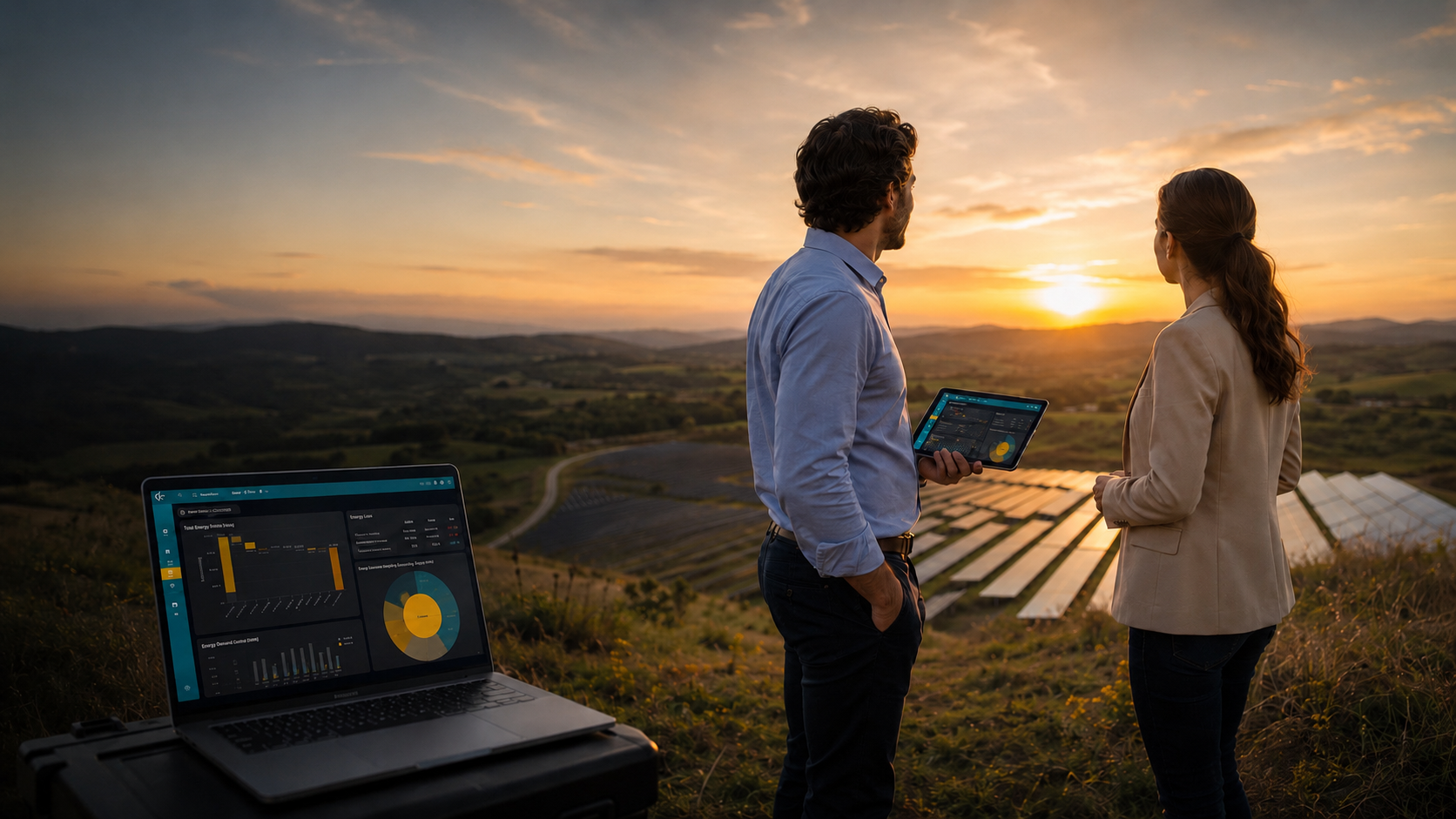 Equipe WEKTOR analisando ativos solares ao pôr do sol